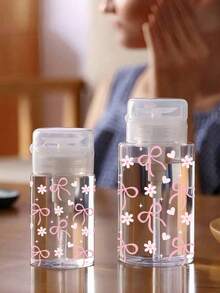 150毫升/200毫升/300毫升美甲按压瓶，透明按压瓶，粉色蝴蝶结图案，酒精卸甲油收纳瓶，大容量可重复使用卸妆瓶，卸甲油，按压头，空丙酮容器旅行瓶按压头，宿舍和浴室必备化妆配件 - 彩色 - 查看 2