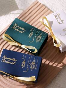 10pcs Eid Mubarak Candy Boxes - Gold Lantern & Crescent Moon Pattern, Rectangular Paper Boxes With Ribbons, Ramadan Holiday Party Candy Containers, Suitable For Eid Al-Fitr. - Multicolor - View 5