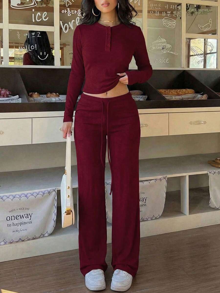 Setelan Wanita Warna Polos Kasual Minimalis Gaya Jalanan untuk Komuter, Atasan Lengan Panjang dan Celana Panjang Musim Semi - Burgundy - View 1