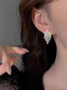 1对时尚优雅的镶钻流苏耳环，适合少女日常及节日佩戴 - 流蘇 - 查看 2