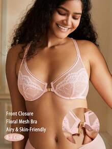 Wingslove Women's Sexy Front Closure Bra, Floral Textured Mesh Cup In Light Pink, Underwire Criss-Cross Back, Breathable & Lightweight, Everyday Wear - Pink - View 2