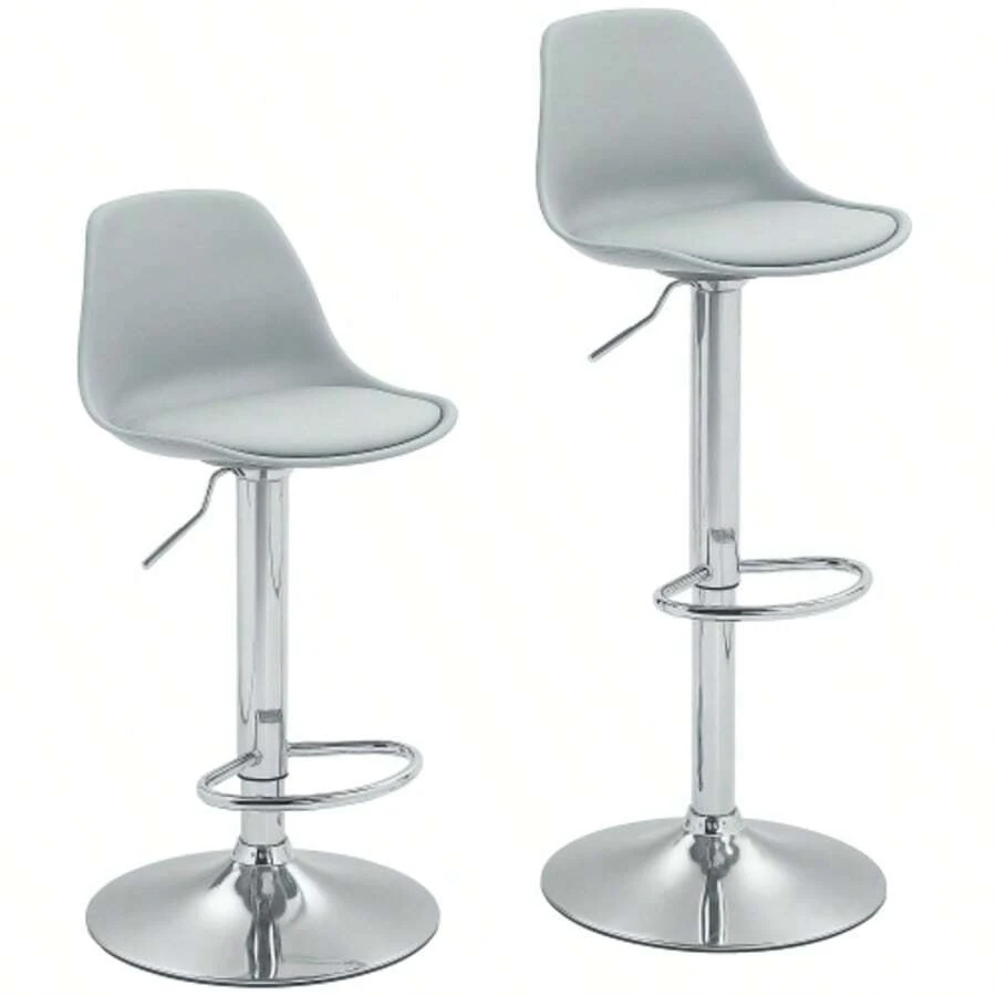 Set Of 2 Bar Stools, Padded Bar Chairs With Steel Frame, Backrest, Height-Adjustable Kitchen Chairs With Footrest, 360° Swivel Counter Stools For Kitchen, Living Room, Dining Room, Grey Faux Leather - Silver - View 1