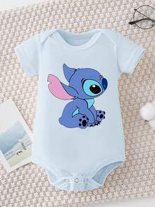 Disney Baby Clothing, Newborn  - Unisex - Disney Stitch Creative Cartoon Print - Crawling And Toddling Stage Set - Summer Outdoor Casual Crewneck Crawling Coverall With Triangle Hem Design - Summer Essential Item - Fun-Filled - Adorably Cute - Perfect Holiday Gift For Infants And Toddlers - Baby Blue - View 1