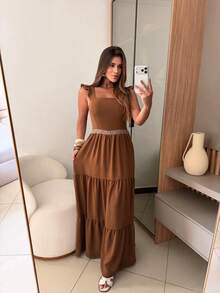 Long Dress With Lace Detail At The Waist, Duna Fabric. - Rust Brown - View 1