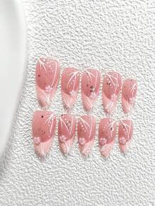 10pcs Set Minimalist Pink Series Nail Stickers, Handmade Nail Art Kit, French Manicure, Small Pink 5-Petal Flower Nail Decor, Hand-Painted Pattern Embellishment, Shiny Glitter Gel Nails, 3 Sizes Available: Almond, Duck Mouth, Coffin Shape, Includes Tool Kit, Suitable For Women And Girls, Applicable For Parties, Events, Daily Nails Nail Supplies - 彩色 - 查看 12