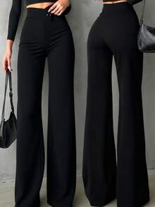 Women's Solid Black Casual Elegant Straight-Leg Pants, Back To School Asymmetrical V-Shaped Waistline Accentuates Curves, Suitable For Daily Wear, Office Commute, Dates, Holidays - Black - View 1