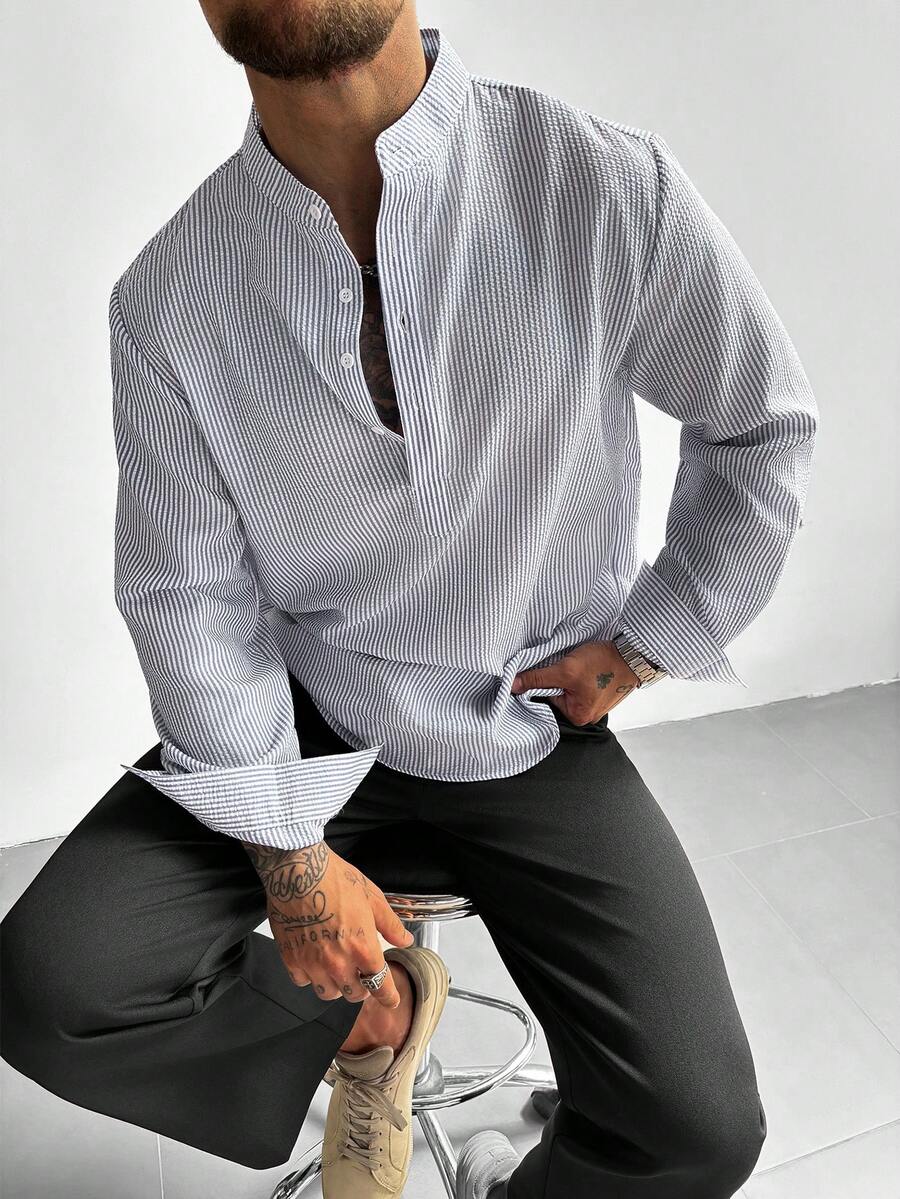 GloMan 男士半開襟立領亞麻長袖襯衫,輕盈透氣寬鬆休閒風,適合夏季度假、派對、辦公室日常穿著,男士禮物 - 藏蓝色 - 查看 1