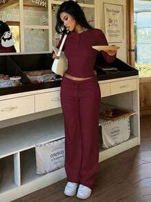 Setelan Wanita Warna Polos Kasual Minimalis Gaya Jalanan untuk Komuter, Atasan Lengan Panjang dan Celana Panjang Musim Semi - Burgundy - View 5