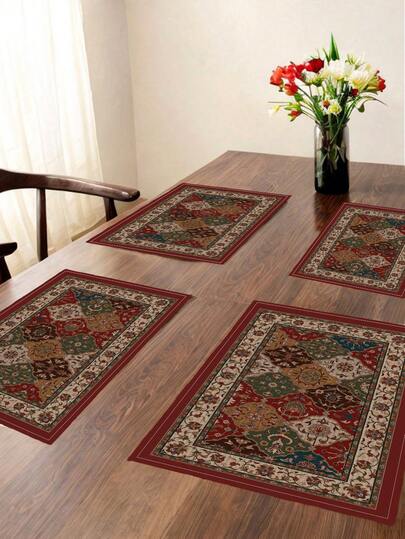 4pcs Bohemian Style Placemats, Featuring Traditional Oriental Floral, Moroccan Vintage Geometric Patterns, Suitable For Home, Living Room, Dining Room, Cafe Decor