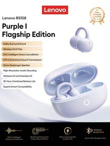 Écouteurs Bluetooth à clip Lenovo RS108, audio directionnel à ouverture, Bluetooth 6.0, son surround, faible latence pour le jeu et les sports, écouteurs sans fil à réduction de bruit compatibles avec les smartphones et les ordinateurs, excellent cadeau - Prune - Voir 1