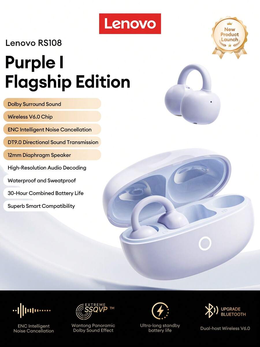 Écouteurs Bluetooth à clip Lenovo RS108, audio directionnel à ouverture, Bluetooth 6.0, son surround, faible latence pour le jeu et les sports, écouteurs sans fil à réduction de bruit compatibles avec les smartphones et les ordinateurs, excellent cadeau - Prune - Voir 1