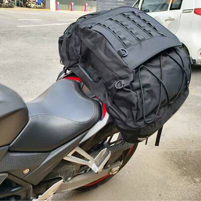 Motorcycle Travel Luggage Bag: Windproof And Rainproof Trunk Rack Bag, Black, Universal Motorcycle Tail Bag, Reflective Strip Design, Motorcycle Tail Bag Accessories, 22-34L Expandable Motorcycle Rear Seat Bag, With Waterproof Rain Cover, Outdoor Sports Motorcycle Luggage Storage Backpack Handbag, With Shoulder Strap, Pockets And Elastic Cord, Black Sports Bag, Suitable For Sports, Fitness, Exercise, Large Capacity Travel Bag