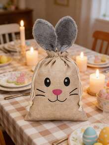 1/3/6pcs Large 26*20cm Easter Burlap Drawstring Gift Bags With Fluffy Rabbit Ears And Beads, Easter Burlap Candy Bags - Multicolor - View 3