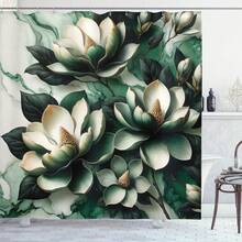 Dark Green Shower Curtain, Magnolia Flowers Blooming On Marble Print Inspired Backdrop, Cloth Fabric Bathroom Decor Set With , , Hunter Green And Off WhiteIt's Not Just A Shower Curtain-It's The Secret Sauce That Pulls Your Whole Bathroom Decor Together, Turning A Plain, Functional Space Into A Cozy Little Retreat You'll Look Forward To Using Every Day. - 彩色 - 查看 3