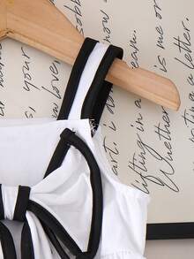 Baby Girls' Sweet Minimalist Black & White Contrast Bow Decor Waist Strap Dress, Summer - White - View 5