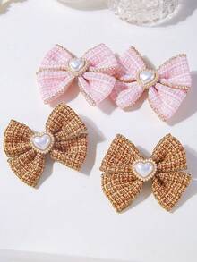 4pcs/2pcs New Heart Pearl Edged Plaid Fabric Bow Hair Accessories, Bow Duckbill Hair Clips, Fabric Bow Ponytail Clips, Fashionable Hair Decorations - Multicolor - View 6