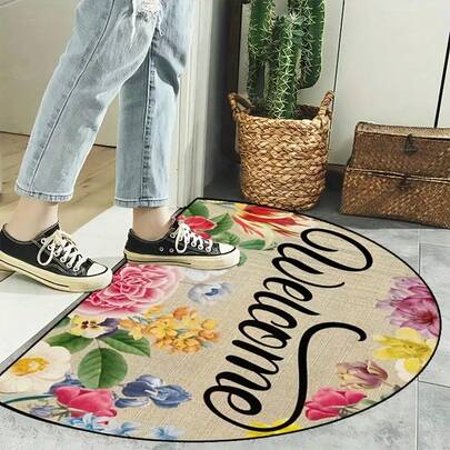 1pc Welcome Floral Doormat, Flower Doormat, Doormat, Small Rug, Welcome Mat, Carpet, Floor Mat, Outdoor Doormat, Kitchen Rug, Home Decor, Front Doormat, Area Small Rug, Outdoor Mat, Home Decor, Area Rug, Garden Rug, Washable Carpet