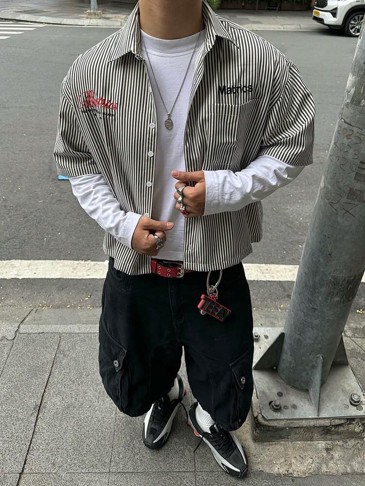 Camisa de manga corta con estampado de letras y estilo de carreras a rayas en blanco y negro, de estilo retro americano y casual, adecuada para el uso diario en verano - Multicolor - Añade 2