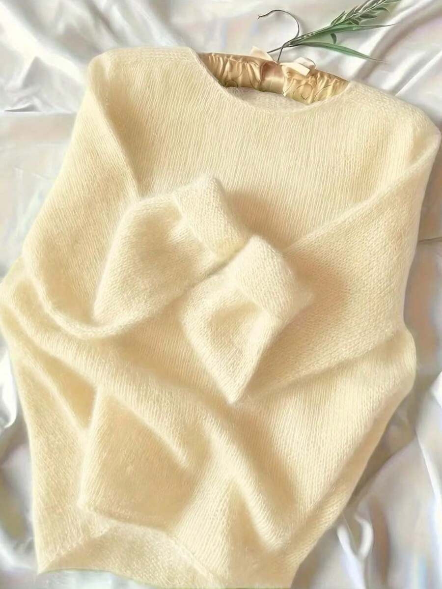 Solid Color Casual Pullover Sweater, Long Sleeve - Yellow - View 1