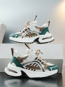 Striped Kids' Casual Sneakers, Breathable Hook & Loop Closure, Lightweight Suitable For Daily Wear - Dark Green - View 1