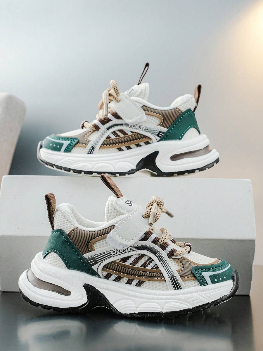 Striped Kids' Casual Sneakers, Breathable Hook & Loop Closure, Lightweight Suitable For Daily Wear - Dark Green - View 1