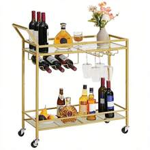 [Golden Bar Cart] Golden 2-Tier Bar Cart With Wine Rack And Glass Holder | Kitchen Serving Cart With Wheels And Guard Rails For Dining Room, Living Room, Party, Home - Golden Color - View 3