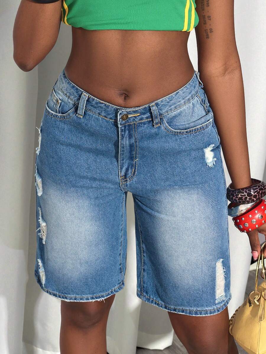 Women's Spring Summer Distressed Loose Fit Wide-Leg - Light Wash - View 1