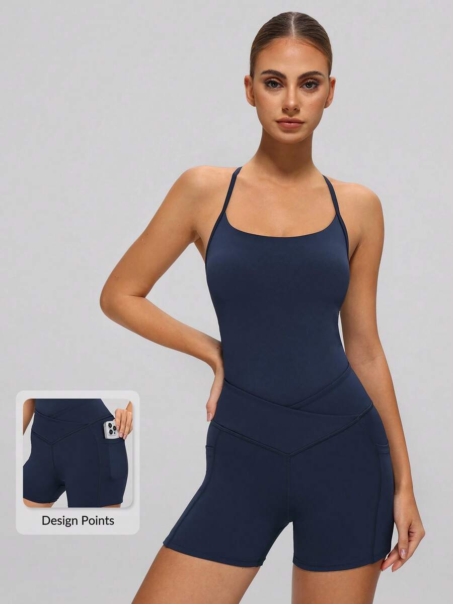 MASKERT Salopă de yoga pentru femei cu design încrucișat la spate și talie, croială slim fit, potrivită pentru yoga și fitness