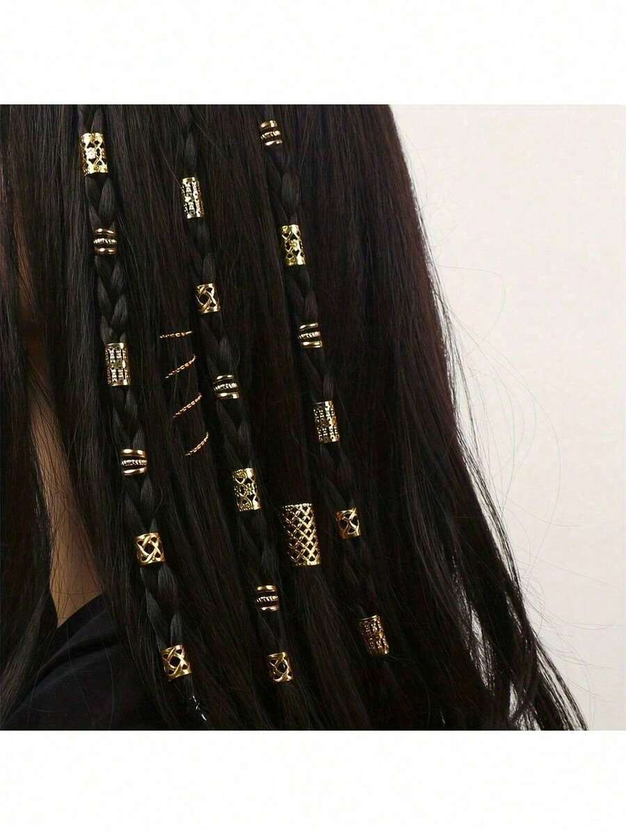 90 piezas Accesorios para el cabello con rastas, anillos de extensión de cabello de malla hueca - Dorado - Ver 1