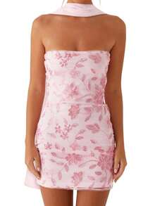Women Summer Mini Bandeau Dress Sleeveless Off Shoulder Flower Embroidery Tube Top Dress With Scarf - Hồng - Xem 1
