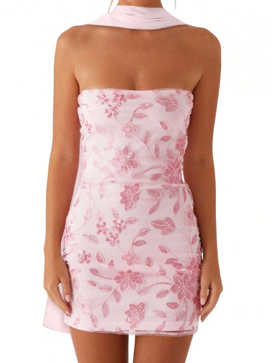 Women Summer Mini Bandeau Dress Sleeveless Off Shoulder Flower Embroidery Tube Top Dress With Scarf - Hồng - Xem 1
