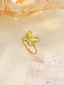 1枚复古绿色立方氧化锆蝴蝶戒指，女士金色不锈钢几何戒指，婚礼派对珠宝礼物 - 查看 2