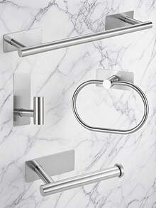 1 Set Matte Black Bathroom Hardware Set, Modern Minimalist Wall-Mounted Towel Bar, Towel Ring, Hooks And Toilet Paper Holder, Decorative Bathroom Accessories, Stainless Steel Towel Ring, Towel Rack, Towel Bar, Bathroom Hooks, Bathroom Shelf, Toilet Paper Holder, Storage Hooks, Hotel - Square Bottom Nail-free - View 7