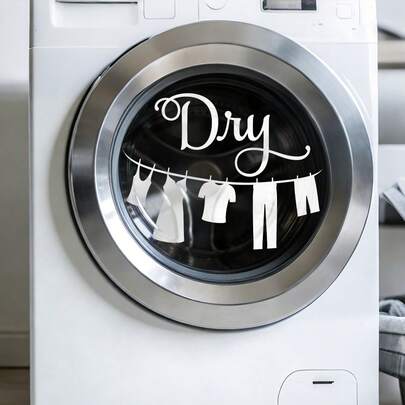 1 pieza Calcomanía de ventana para la sala de lavandería con texto caligráfico "Lavar Secar", con burbujas y patrones de tendedero, material PVC removible, resistente al agua y reutilizable, adecuado para lavadora, puerta de secadora, almacenamiento de cuarto de servicio, decoración del hogar estilo granja