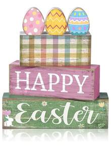 3pcs Of A Set | Rustic Wooden Easter Signs Stackable Blocks Decor , Easter Tiered Tray Decor Set ,Center Pieces For Table,Suitable For Easter Bunny, Easter Decoration, Party Supplies,Easter Party Supplies, Easter Holiday Birthday Party Favors, Party Gifts, Easter Gifts, Home Decor, Kitchen And - Multicolor - View 13