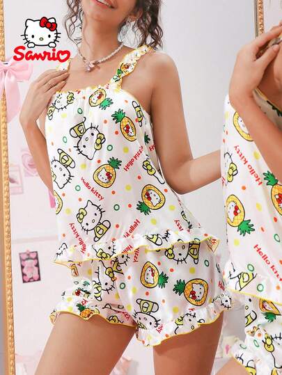 SANRIO 三丽鸥女士两件套Hello Kitty睡衣，黄白相间，字母菠萝印花，波点图案，荷叶边短款睡衣，可爱睡衣套装，家居服套装