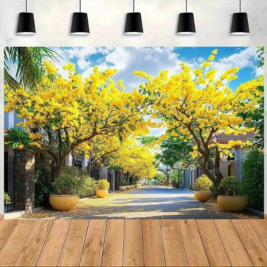 2D Flat, 1 Piece Vietnam Theme Party Background Cloth, Apricot Blossom Pattern, Vietnamese Floral Style, Suitable Weddings, Birthdays, Spring And Summer Celebrations, And Lunar New Year Decorations (No Power Required) - 彩色 - 查看 1