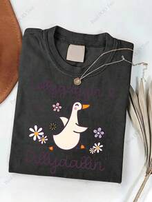 Women's 230g Heavyweight Vintage Duck & Duckling T-Shirt With "Lollygaggin'" & "Dillydallyin'" Slogans - Soft Brown Casual Round Neck Short Sleeve, H-Line Fit All-Season, Machine Washable Scottish Nautical Theme Gift For Duck Lovers,Valentine Outfits For Women - 黑色 - 查看 1