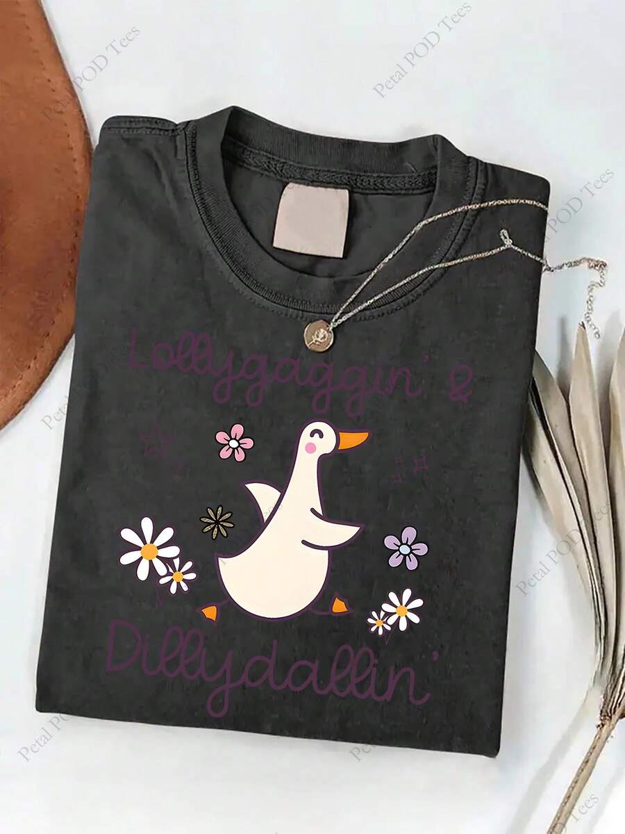 Women's 230g Heavyweight Vintage Duck & Duckling T-Shirt With "Lollygaggin'" & "Dillydallyin'" Slogans - Soft Brown Casual Round Neck Short Sleeve, H-Line Fit All-Season, Machine Washable Scottish Nautical Theme Gift For Duck Lovers,Valentine Outfits For Women - 黑色 - 查看 1