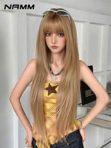 NAMM Inch Long Straight Sun-Kissed Wig With Bangs - Super Long Natural Layered Wigs With Dark Roots,High Quality Soft Synthetic Fiber Straight Costume Hair Wig For Women Daily Wear, Cosplay Festival Ready Party Use, - Sakura Celebrations Glam & Party Streetwear Photography - Girls Gift Wig Accessories - Beginners Glueless Wig Accessories - Gold - View 5