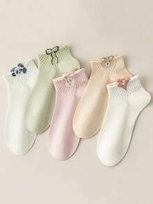 3/5双装女士多色爱心蝴蝶结卡通可爱网眼透气薄款短袜，适合春、夏、秋季穿着 - 彩色 - 查看 7