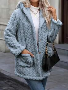 Transitional Weather Essential: Plush Textured Coat With Hood – Snug Fleece Material Keeps You Warm In Cool Early Spring Days & Chilly Winter Evenings. Designed With Functional Pockets, Classic Button Front, And A Soft, Tactile Finish For Cozy, Stylish Wear. - Màu xanh lam - Xem 2