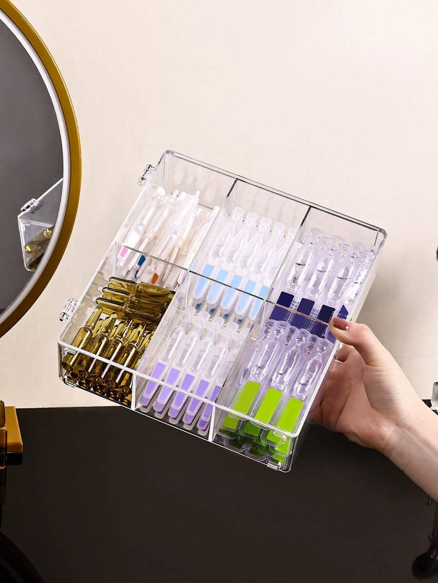 1pc 6-Grid Transparent Covered Cosmetic Display Box, Acrylic Makeup Storage Organizer, Serum & Ampoule Holder, Vanity Desk Dust-Proof & Moisture-Proof Container - Clear - View 1