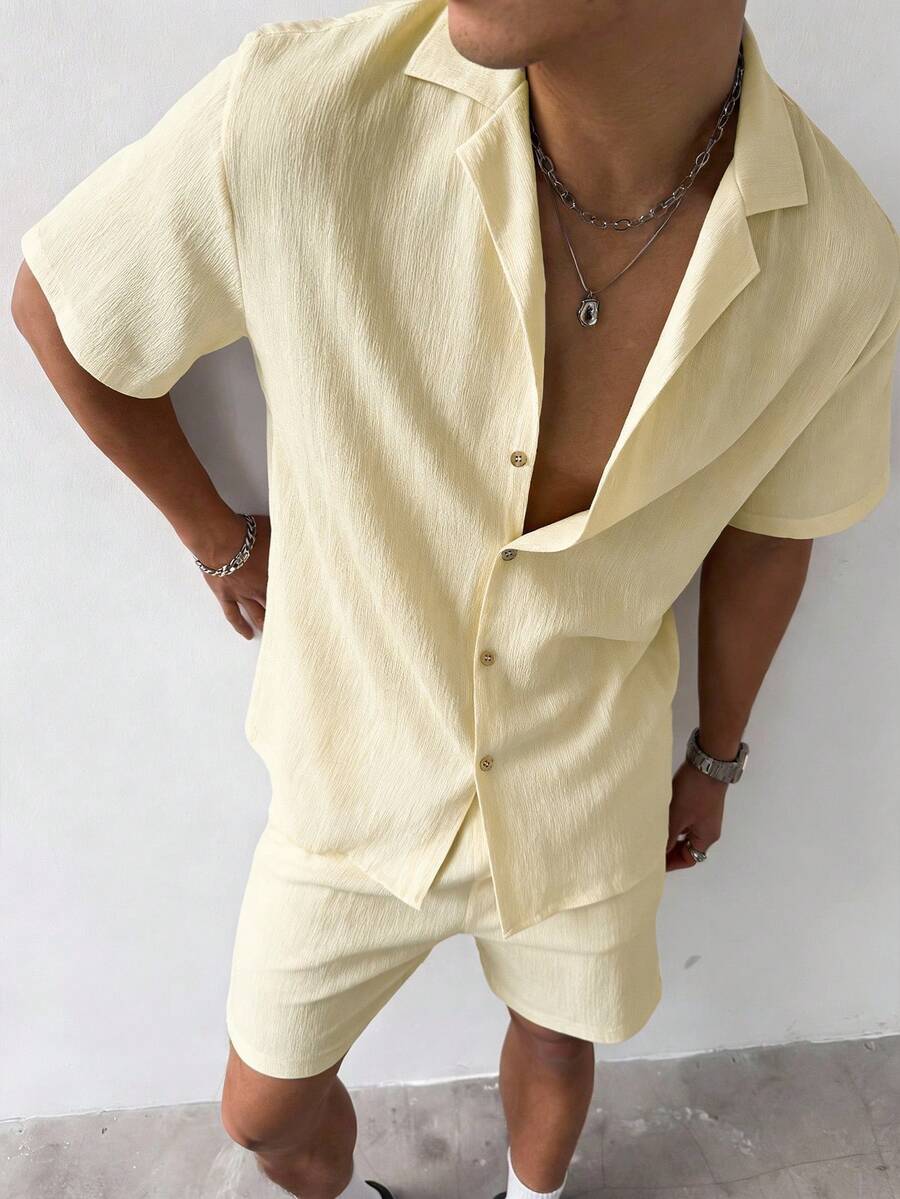 2pcs Men's Vacation Set: Solid Color Open Collar Shirt With Vintage Coin Texture, Paired With Elastic Waist Shorts. Soft, Breathable Fabric In Relaxed Fit, Suitable For Summer Daily Wear, Weekend Gatherings, Beach Vacations, And Seaside Parties. A Perfect Gift For Valentine's Day. - Apricot - View 1