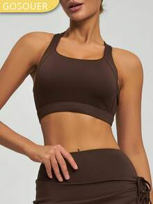 女士无缝高弹力交叉后背运动文胸，带可拆卸胸垫 - 咖啡棕 - 查看 5