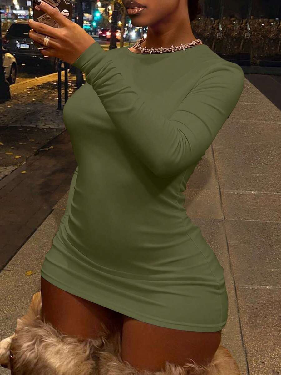 LovelyWholesale Women's Casual Round Neck Long Sleeve Solid Color Fitted Mini Dress, Suitable For Daily Wear In Summer - Army Green - View 1