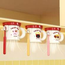 1pc Cute Pet Pattern Wall Mounted Toothbrush Holder Cup With Toothbrush Hook, Bathroom Vanity Storage Cup, Wall Mounted Toothbrush Cup - Multicolor - View 4