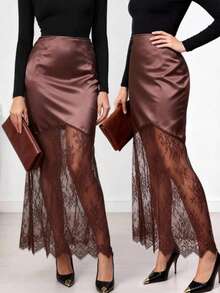 Elegant Women's Sexy Lace Patchwork Party Skirt, Fitted Waist Hollow Out Streetwear Skirt, Summer - Rỉ Nâu - Xem 4