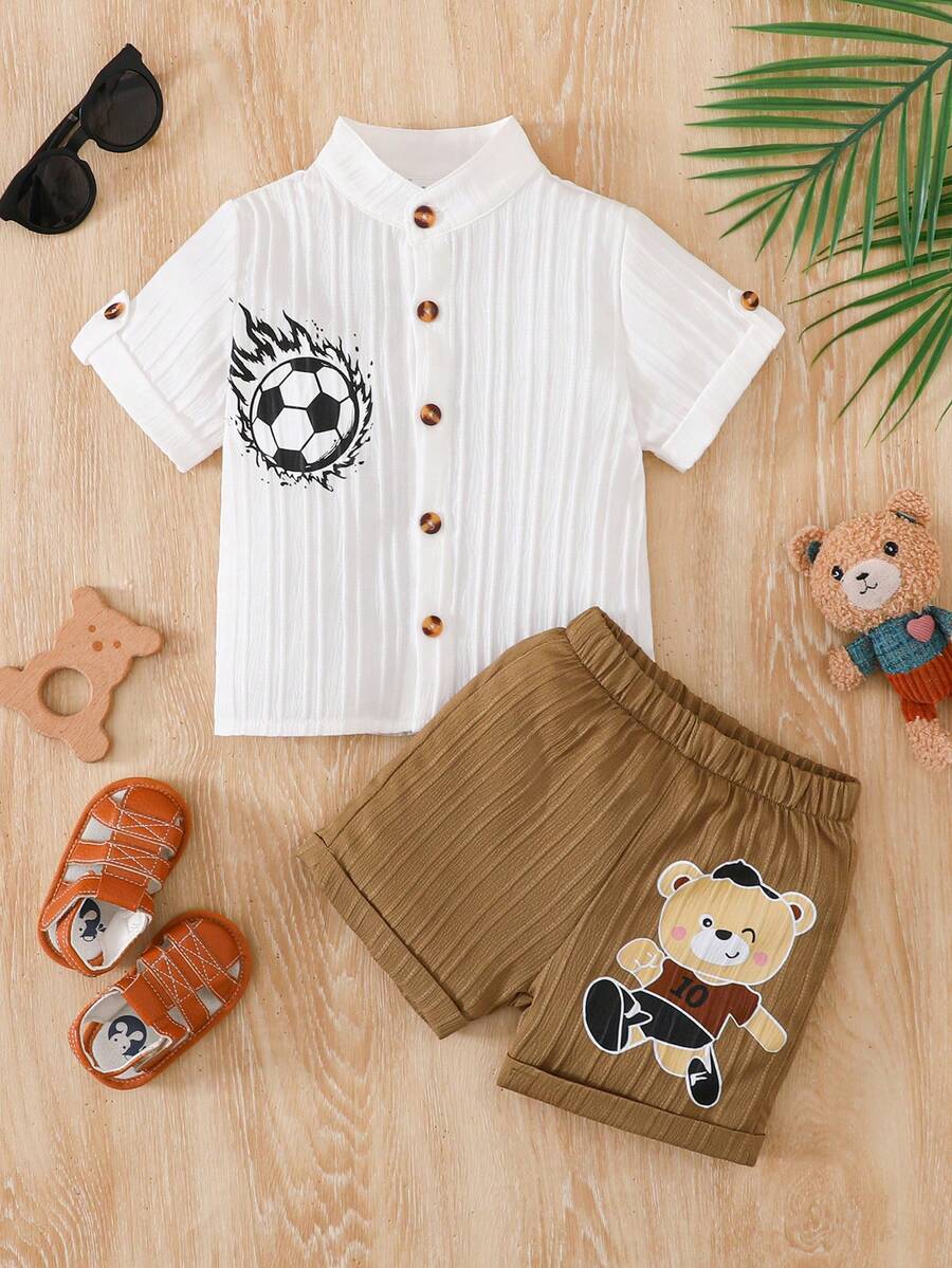 2pcs Toddler Boys' Casual Cute Bear & Football Graphic Print White Striped Collar Shirt And Khaki Shorts Set, Summer - White - View 1