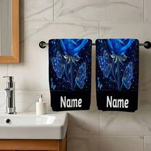 2PC Set: Vibrant Blue Rose With Water Droplets Surrounded By Butterflies On A Starry Background, Customizable Text Towel, Name Customization, Cartoon Anime Design, Striped Pattern, Ideal For Valentine's Day, Anniversaries, Parties, Gifts, Event250gsm Practical Kitchen Towel For Kitchen, Living Room, Bedroom And Home Use, Exquisite Pattern Printed Towel, Suitable For Kitchen And Living Room, Suitable For Car, Bedroom, Living Room, Office, Outdoor Camping Home Decoration, Comfortable, Soft And Additive Free Scouring Pad, A Good Gift For Daily Holidays - Multicolor - View 3